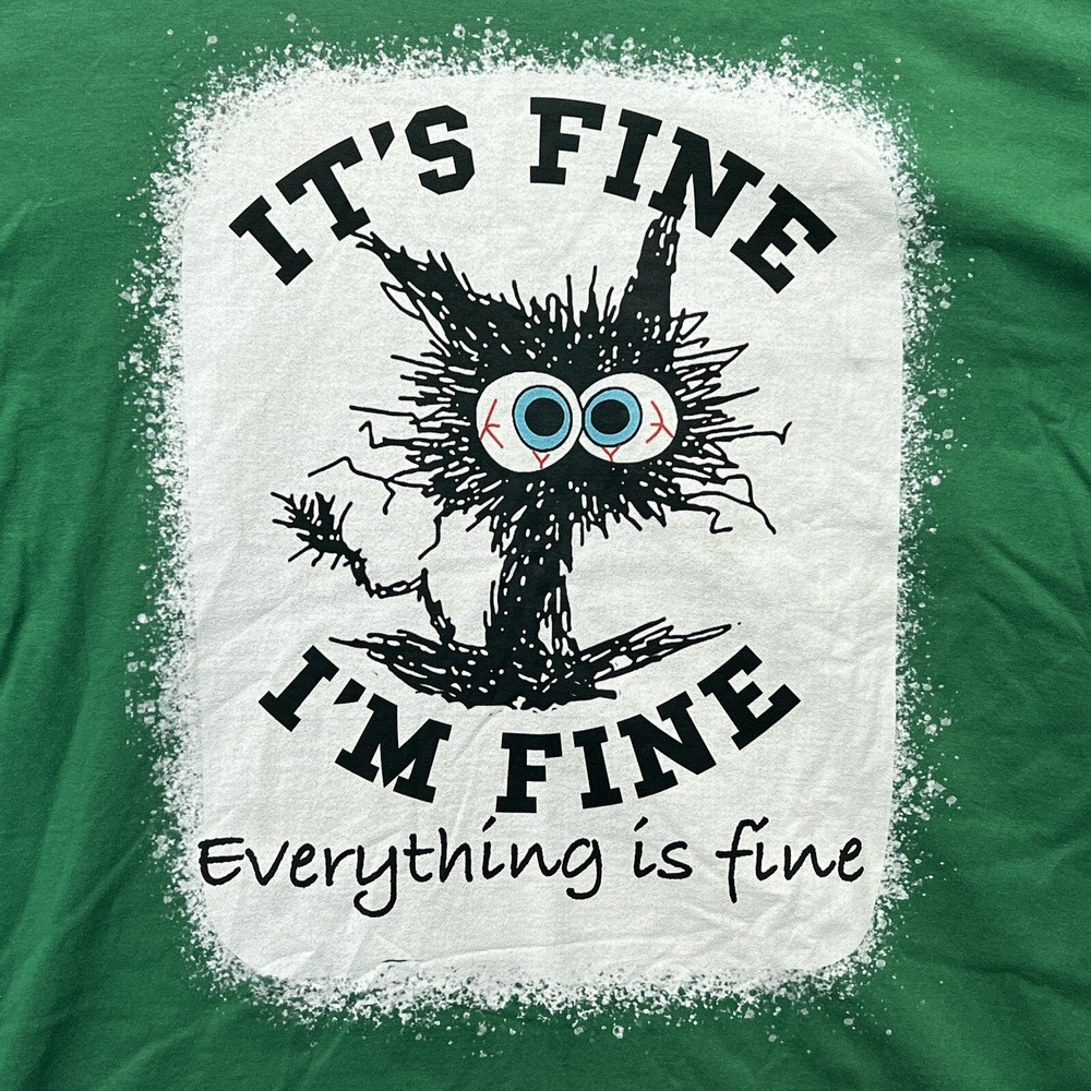 Vintage Cat T-Shirt I'm Fine I'm‎ Fine Green Size XL Mens Funny Short Sleeve - Picture 2 of 6